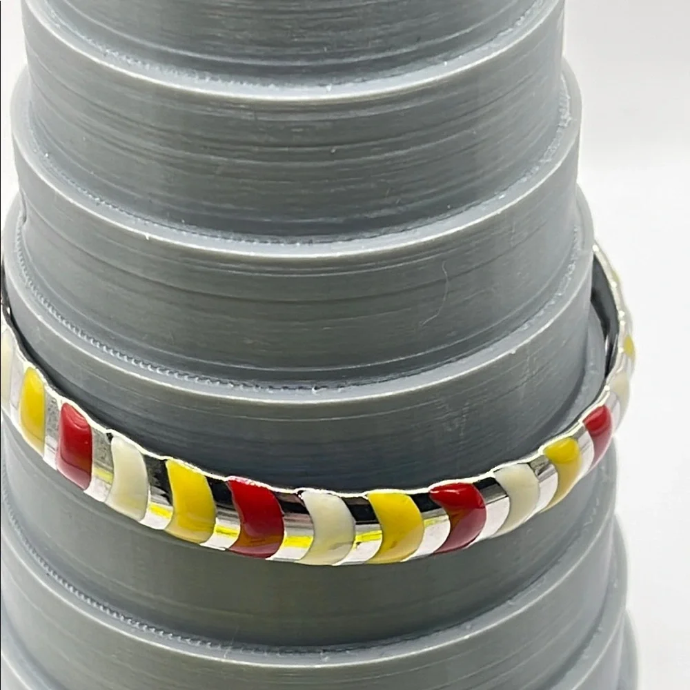 Vintage striped enamel Colorful Silvertone Bangle Bracelet yellow red cream